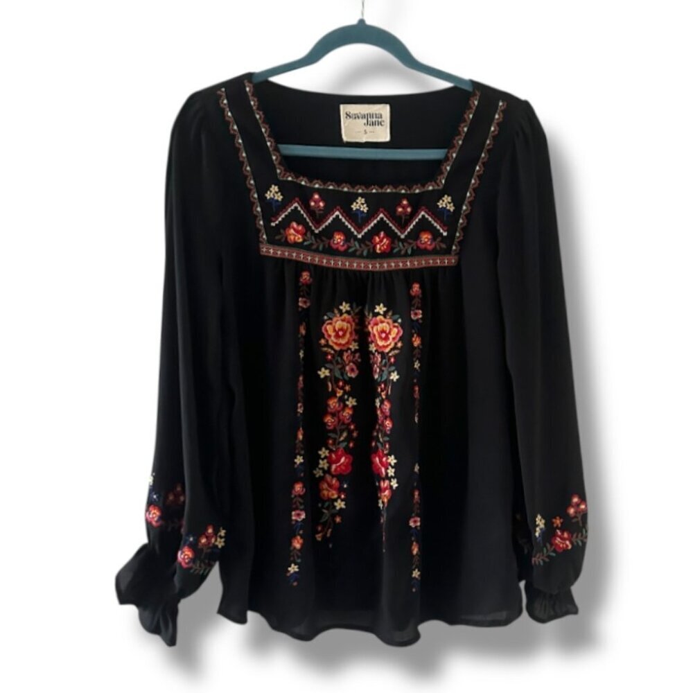 Savanna Jane Black Semi-Sheer Embroidered Long Sleeve Top Women's Size Small